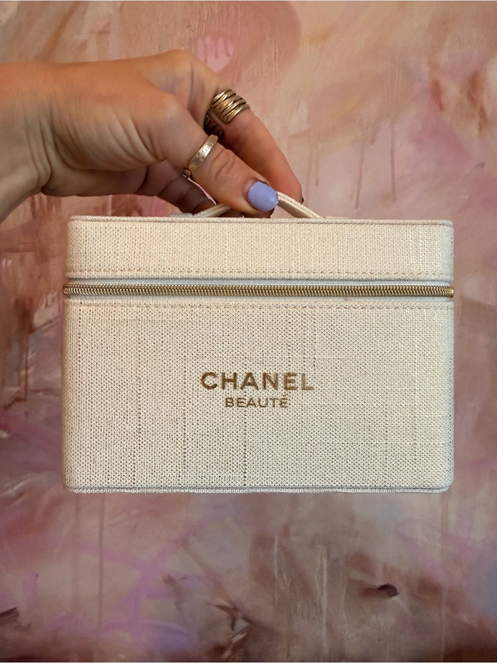 CHANEL Cream Textured Beauté Travel Case with Gold Logo